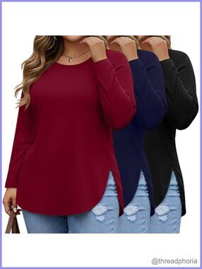 Plus Size Long Sleeve Tunic Tops 3 Pack Crew Neck Pullover Womens